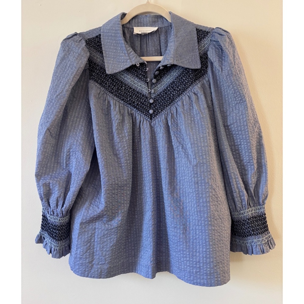 Tuckernuck Pomander Place Blue Seersucker Smocked Blouse Cotton Womens Medium
